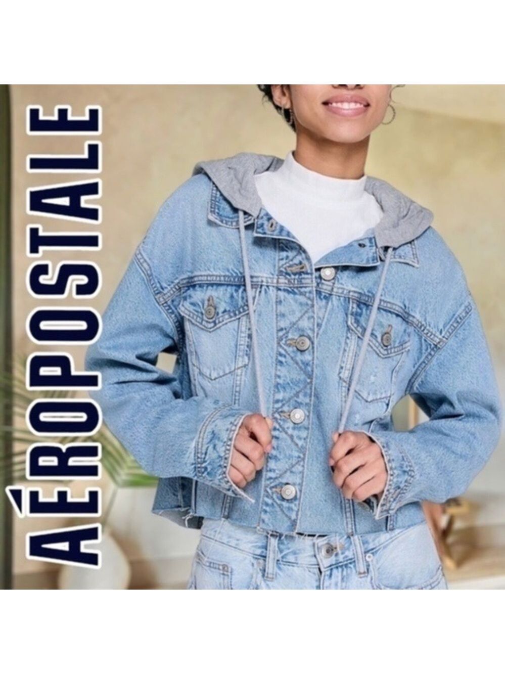 AÉROPOSTALE Oversize 100% Cotton Denim Jacket w/Contrast Gray Hood